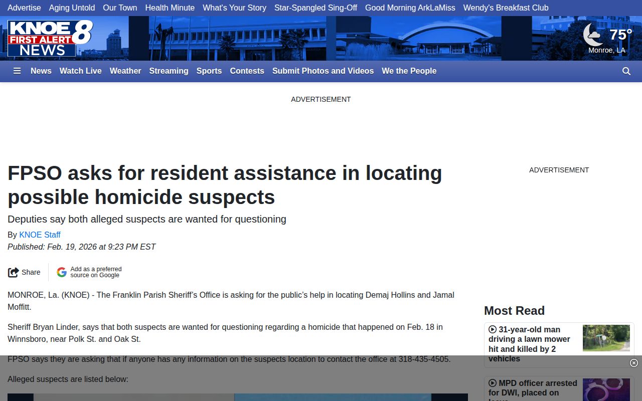 KNOE report relaying a Franklin Parish Sheriff locating request