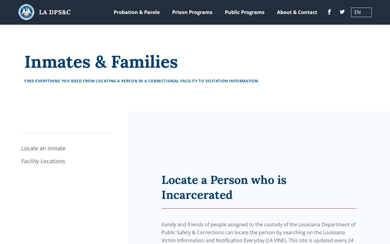Louisiana corrections page distinguishing state inmate information and VINE services
