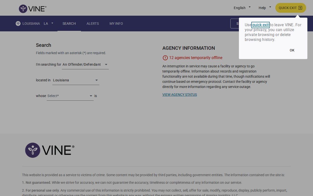 VINELink Louisiana person-search screen for selecting Louisiana and searching custody records